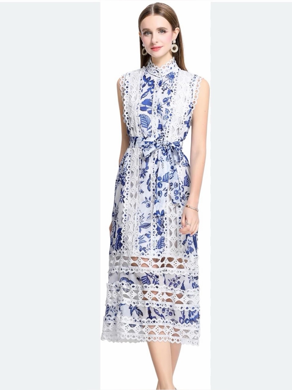 NWT Lai Meng Five Cats Sleeveless  Hollow out Lace Trim Midi Dress with Belt M